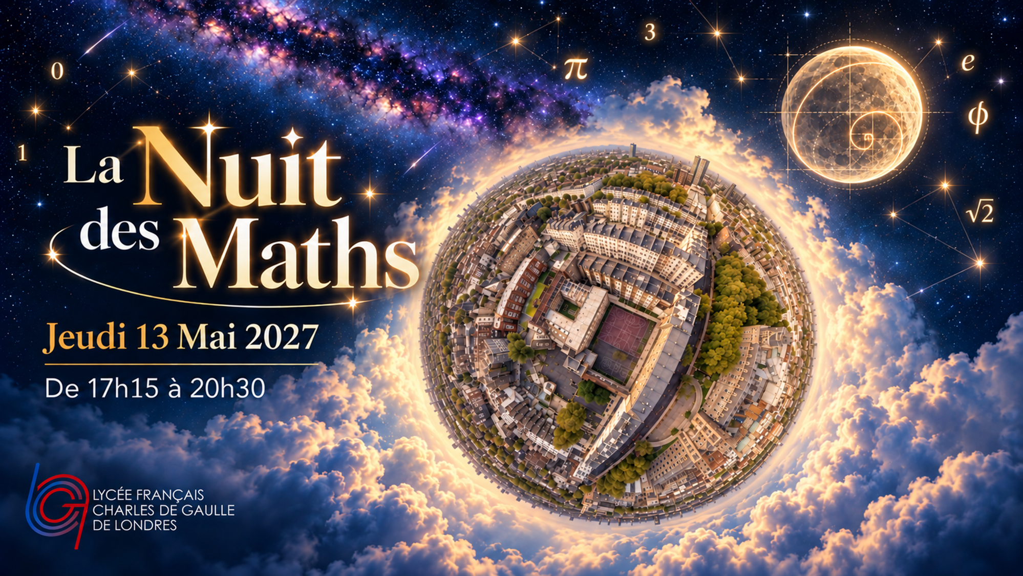Affiche de La Nuit des Maths : ciel étoilé, planète du Lycée français Charles de Gaulle de Londres et lune avec une spirale de Fibonacci.